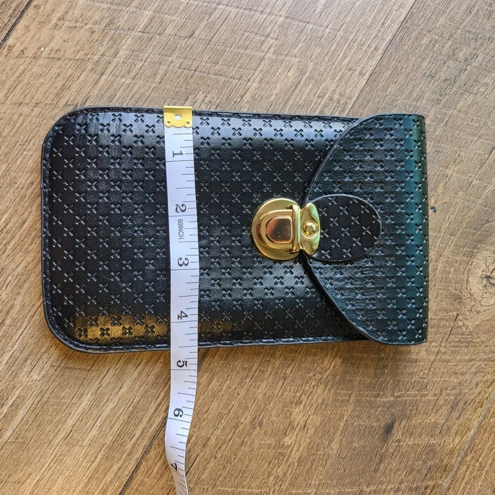 Black Embossed Cross Faux Leather Phone Pouch Glasses Case Gold Tuck Lock Slim